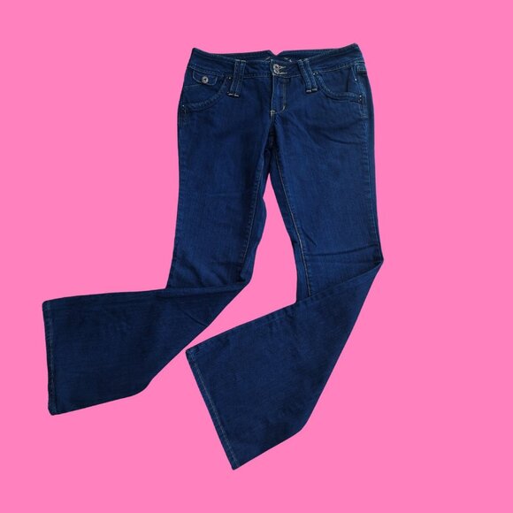Y2K low Rise Bootcut Flare Jeans Dark Wash Flap Pockets US 11 Stretch Denim - Picture 2 of 9